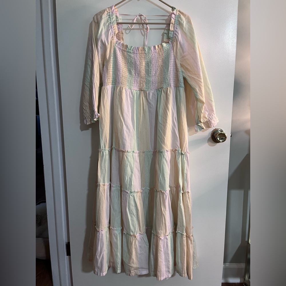 NWT Women’s M Crown & Ivy 3/4 Sleeve Tiered Maxi Dress Metallic Pastels
